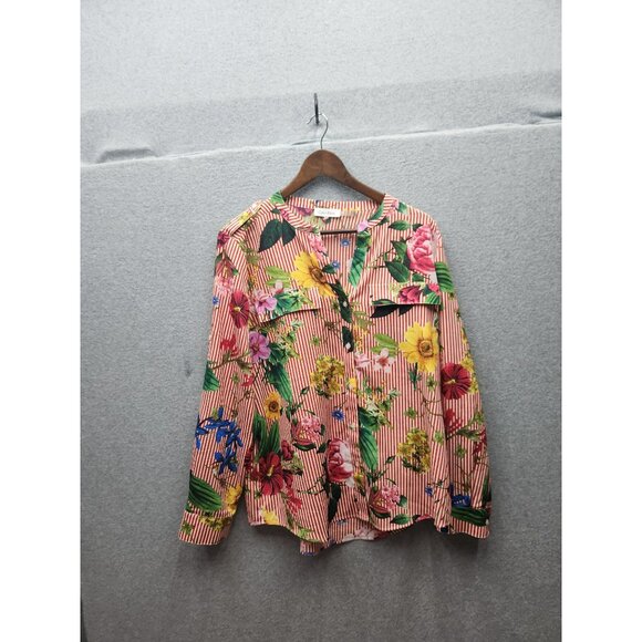 Calvin Klein Womens Floral Print Button-Up Blouse Size L 100% Polyester Red/Mult - Picture 1 of 5